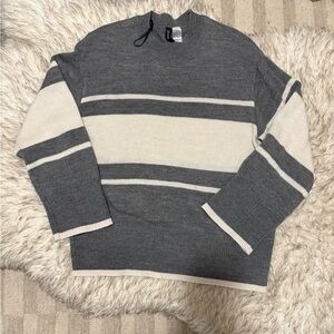 Womens Gray and White Striped Crewneck Sweater